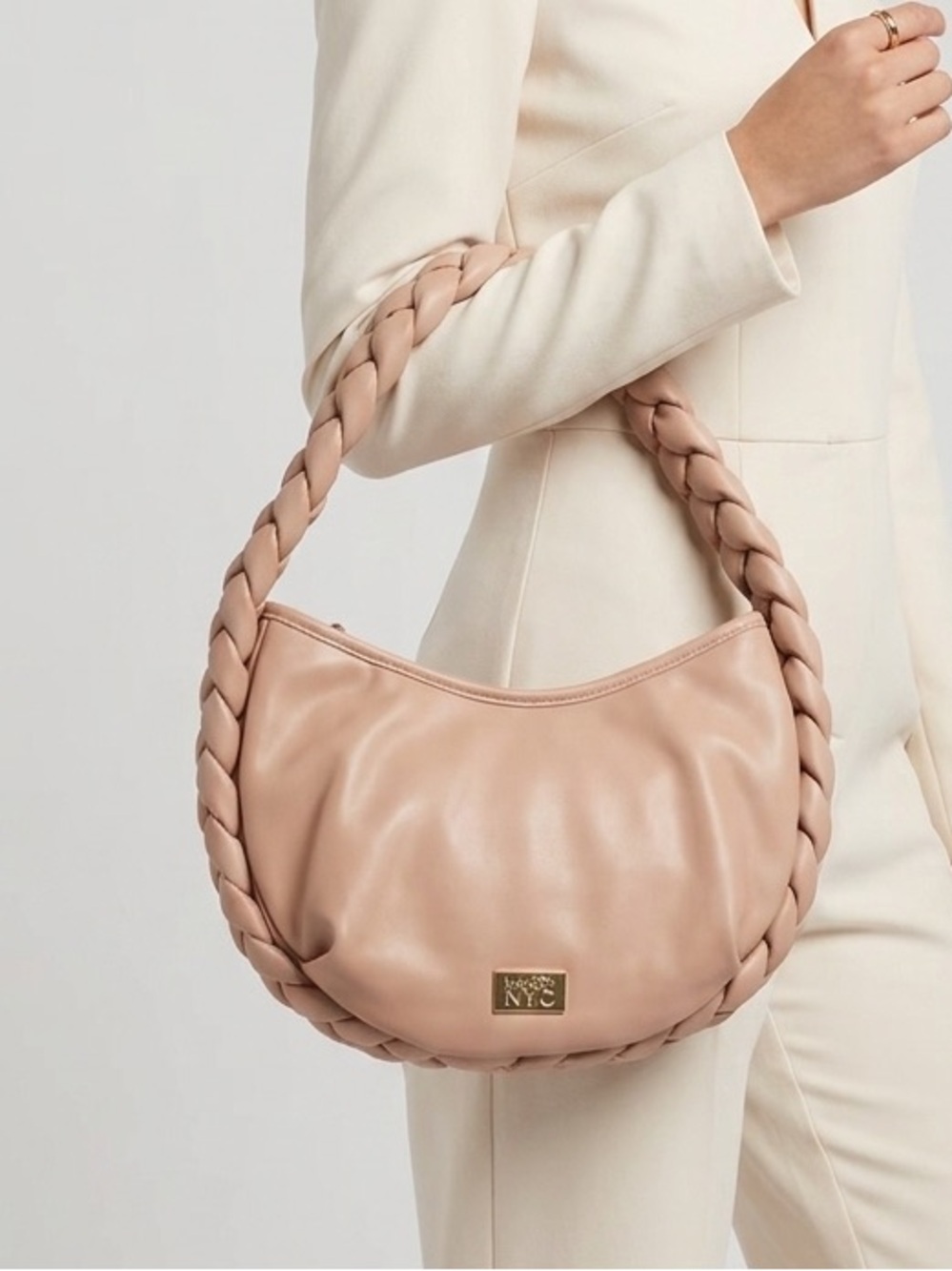 Madden NYC Luxurious Braided Handle Hobo Bag in Nude